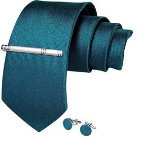 DiBanGu Men Silk Necktie Solid Color Tie Cufflink Tie Clip Set Turquoise